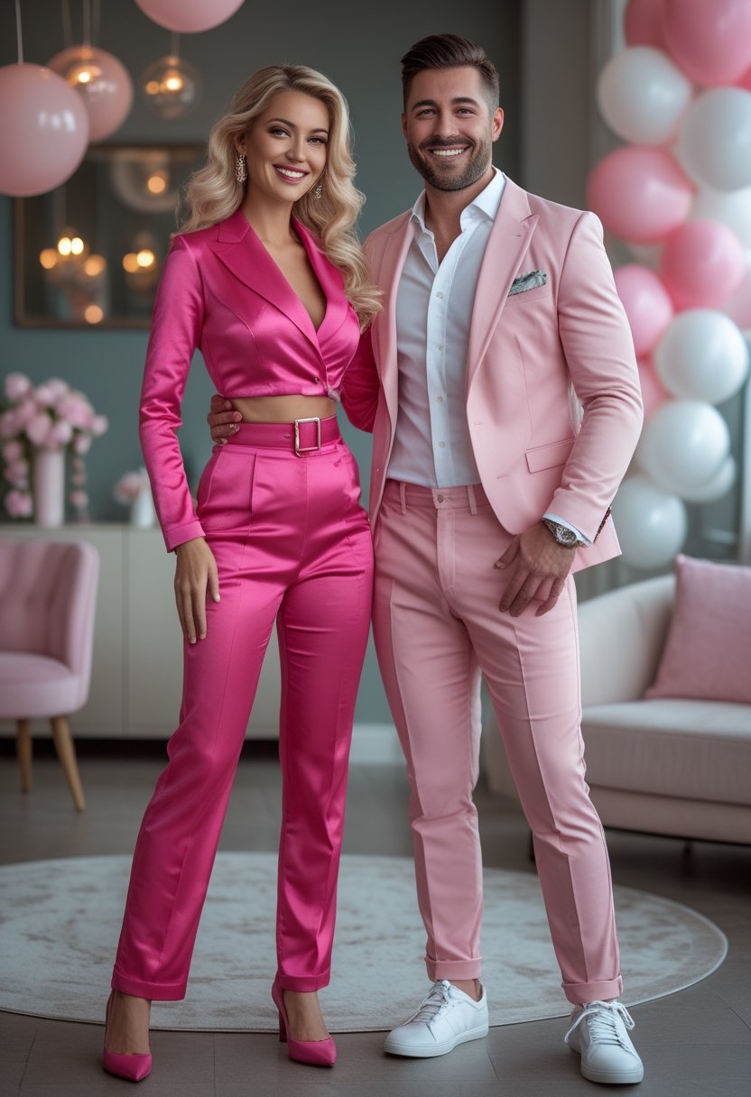 Two adults in coordinated pink Barbie and Ken Halloween costumes pose together at a festive party.