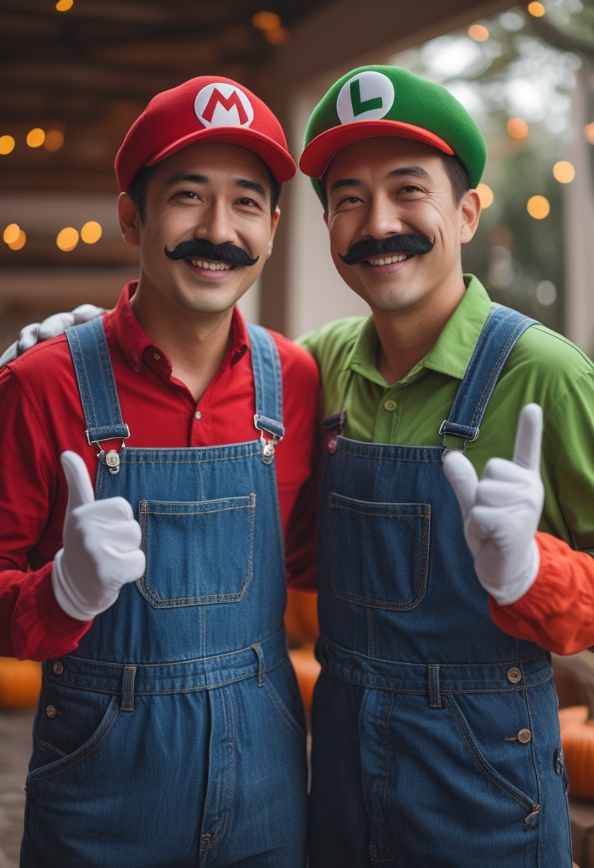 Two friends in red and green plumber-themed Halloween costumes standing together at a festive Halloween gathering.