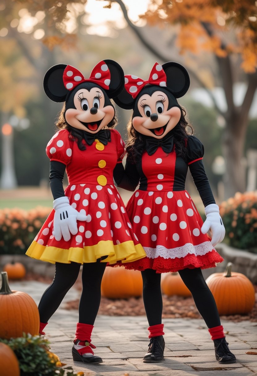 Two adults in coordinated mouse-themed Halloween costumes pose together among pumpkins and autumn decorations.