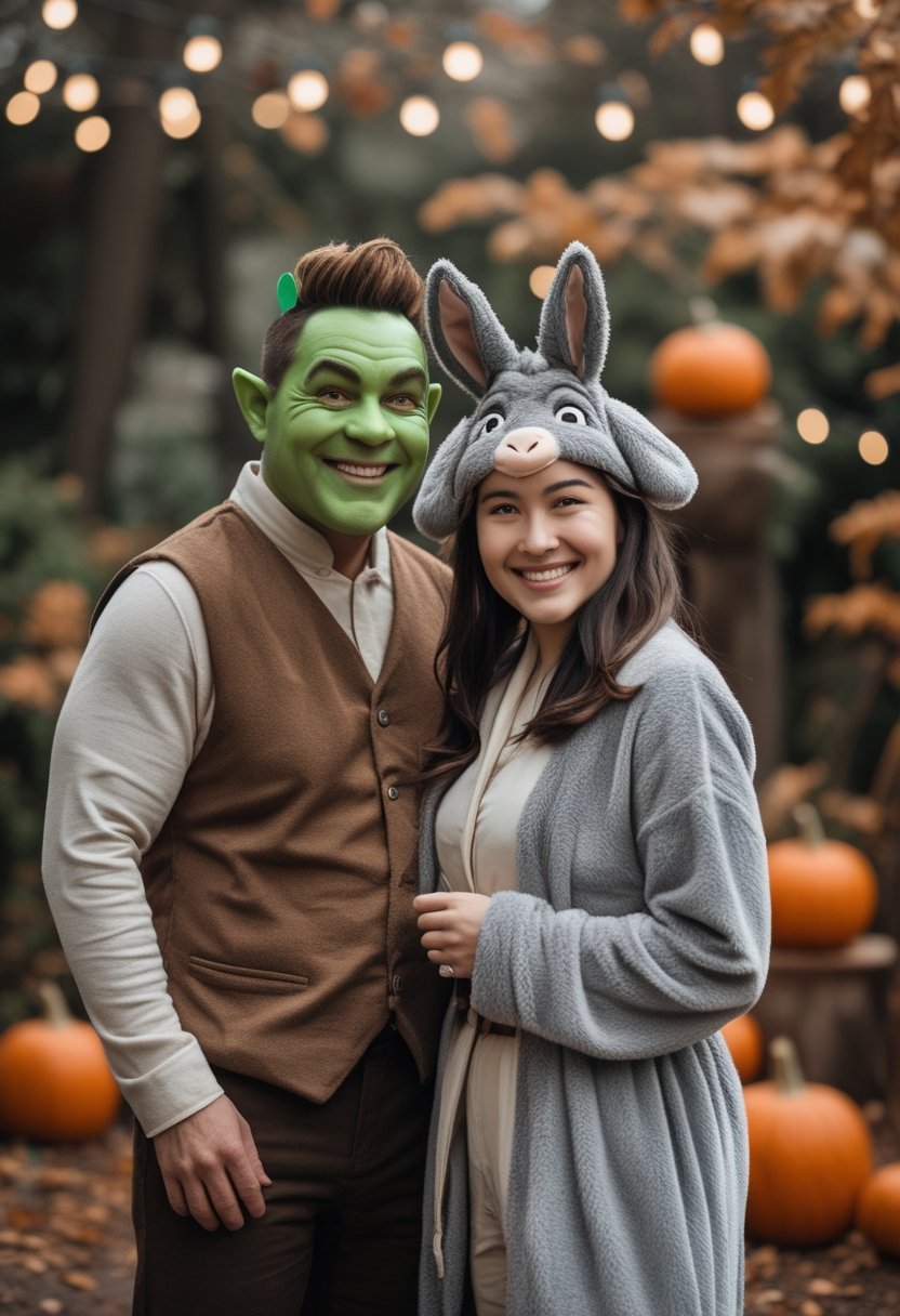 Two friends in green ogre-inspired and gray donkey-inspired Halloween costumes pose together at a festive autumn celebration.