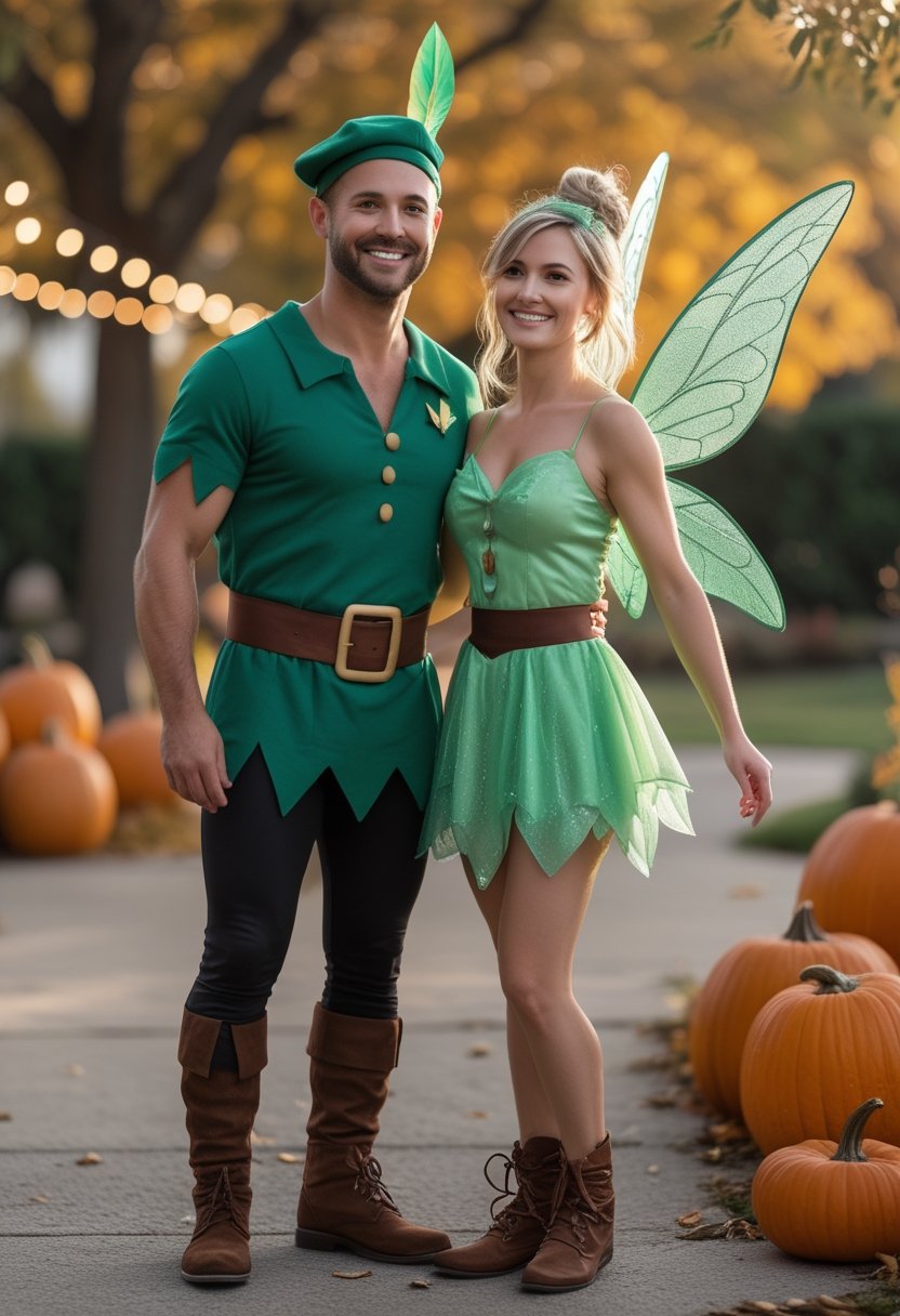 Two friends dressed as Peter Pan and Tinker Bell pose together at a Halloween gathering.