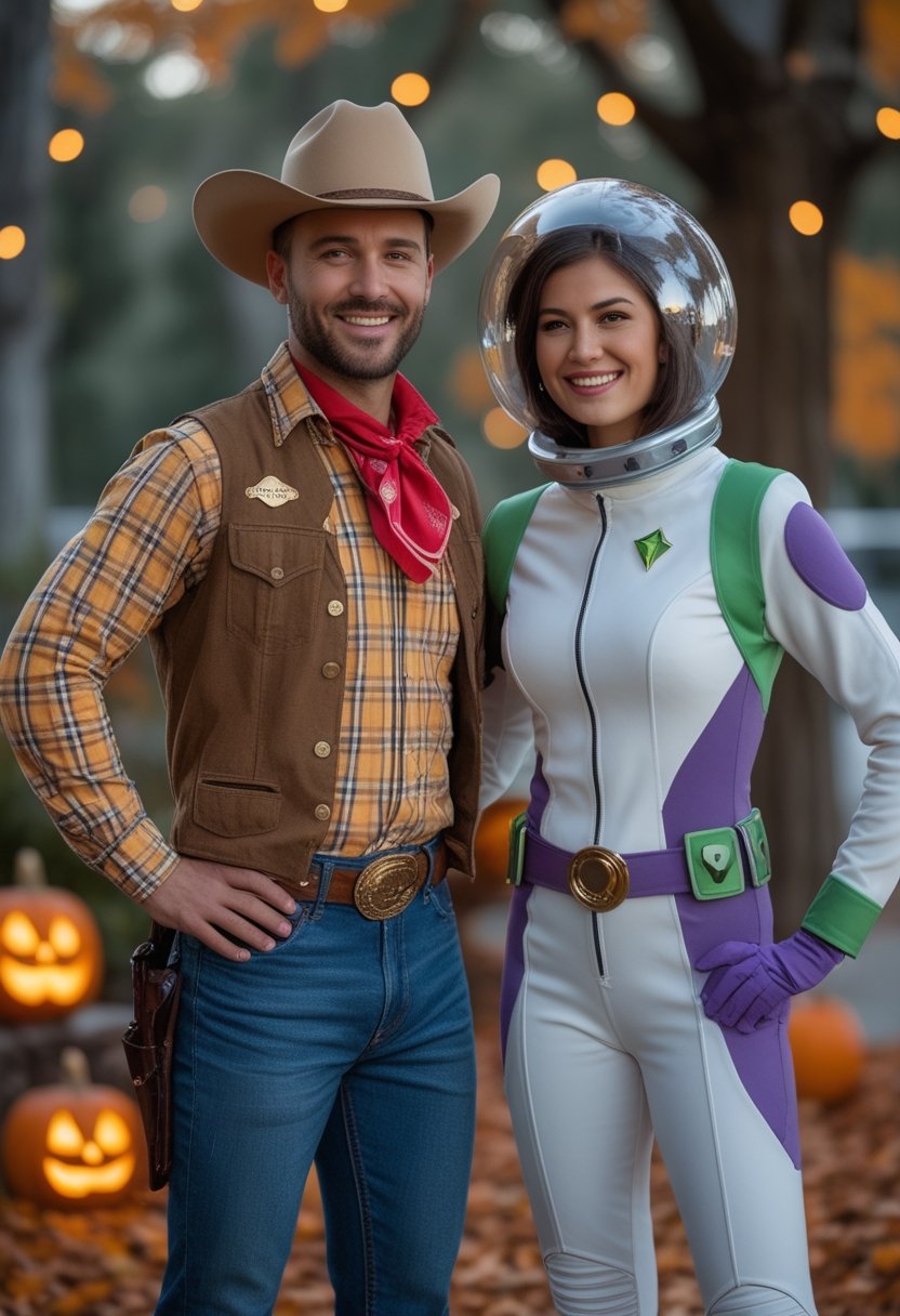 Two friends in cowboy and space ranger Halloween costumes pose together at a festive autumn gathering.