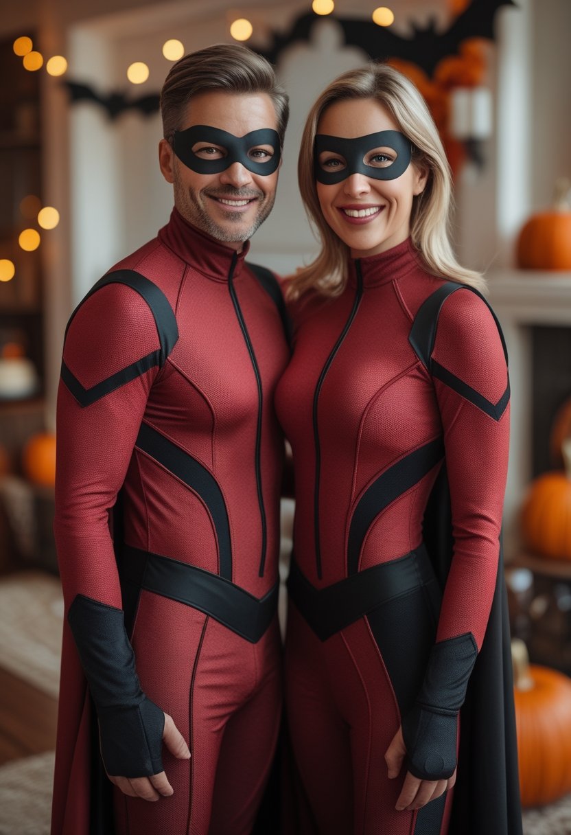 Two friends in matching red superhero costumes and black eye masks pose together at a Halloween party.