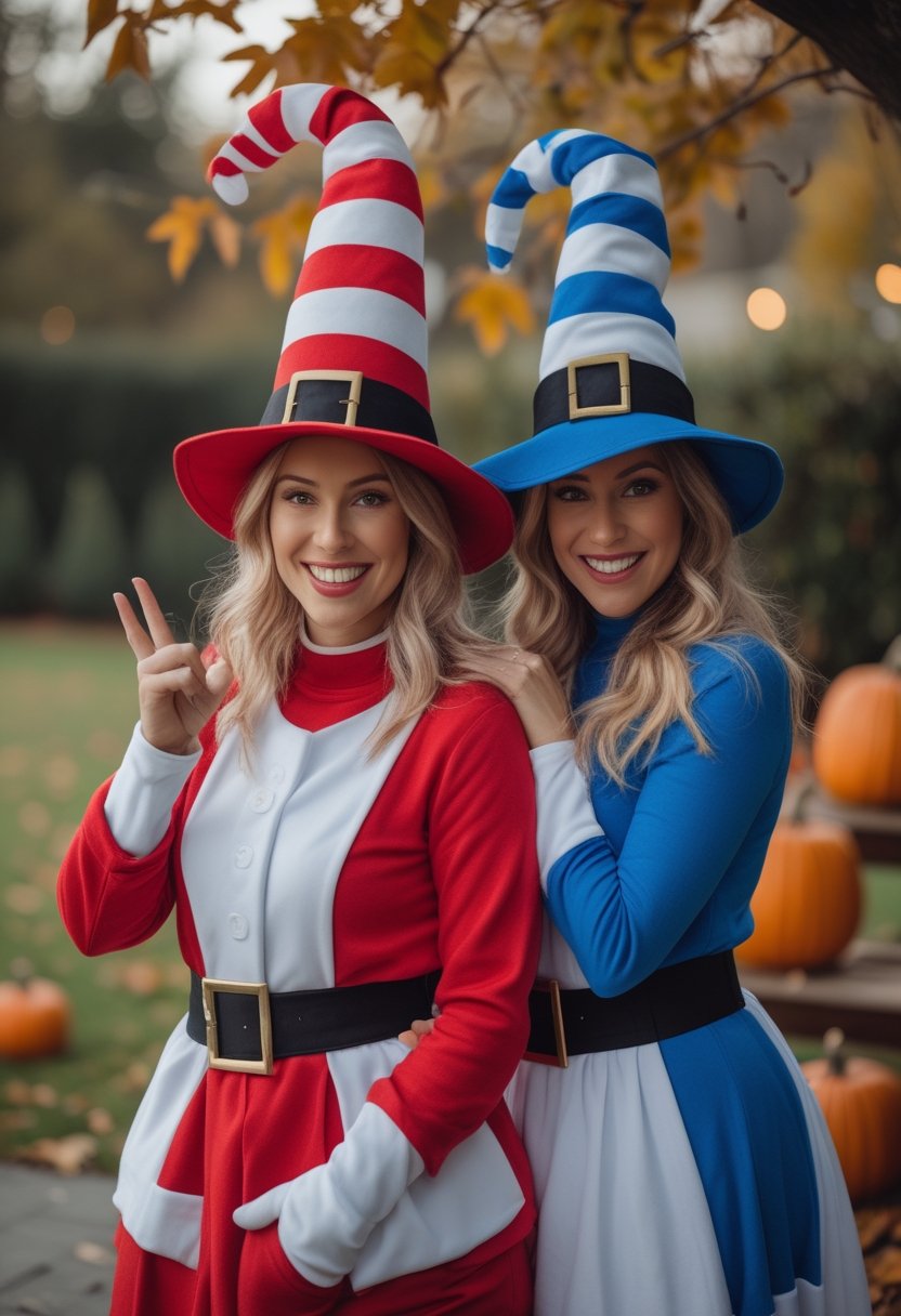 Two friends wear colorful matching storybook-inspired Halloween costumes at an autumn gathering.