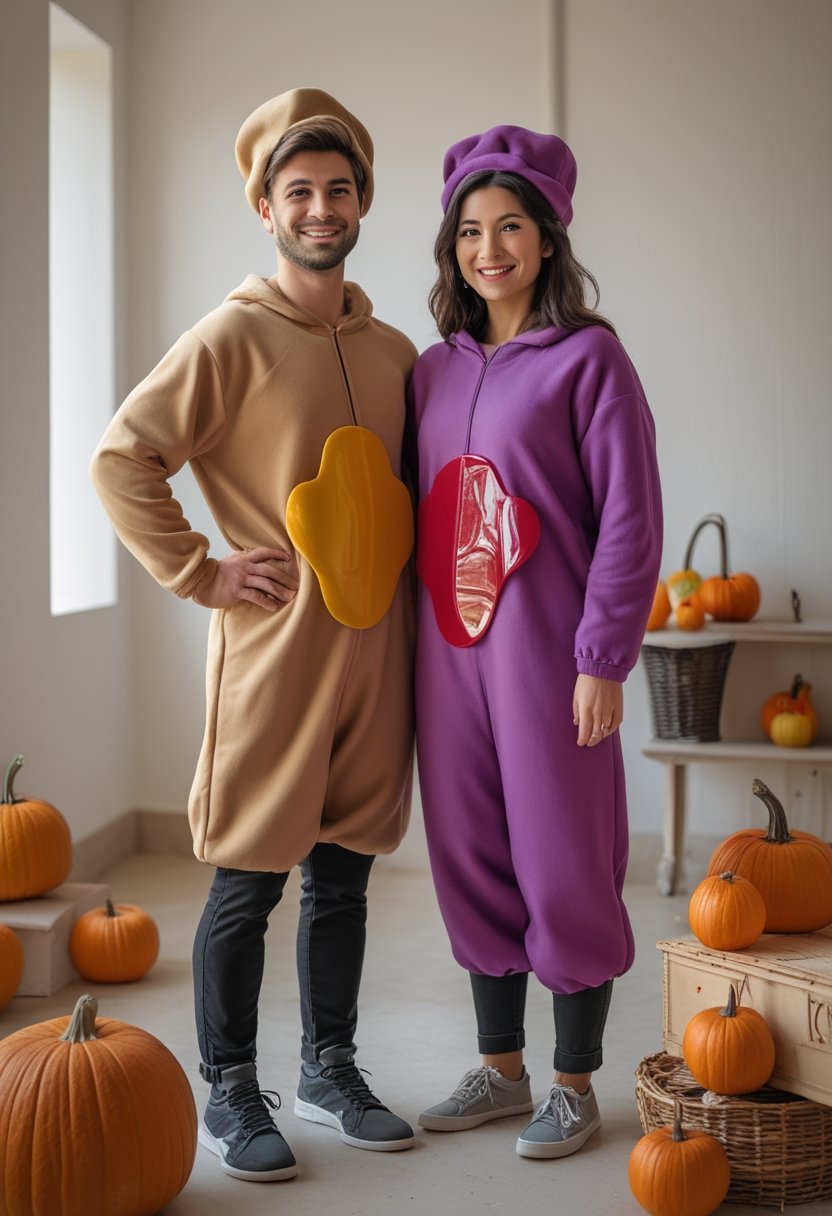 Two friends wearing matching peanut butter and jelly Halloween costumes.