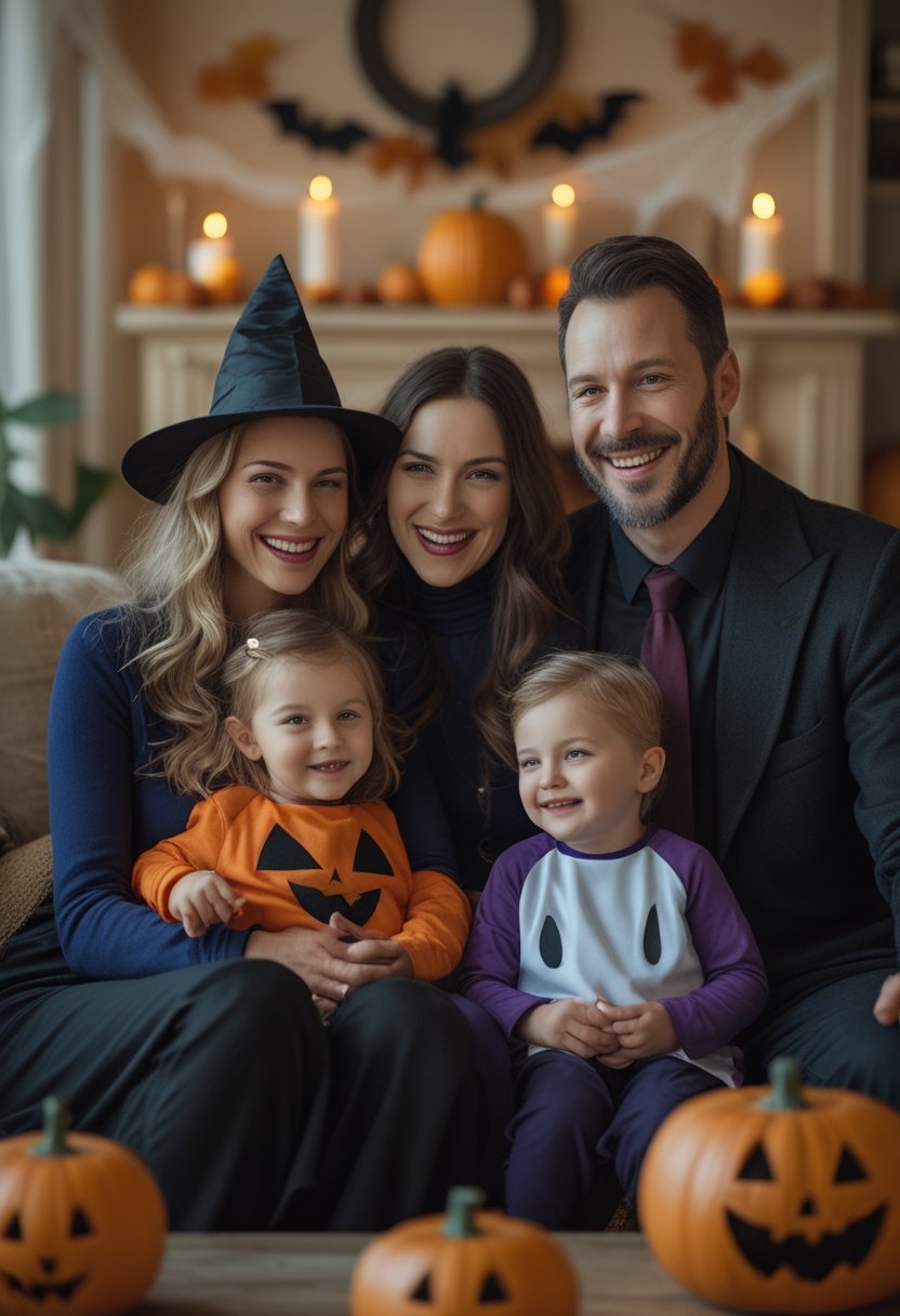 A family of four smiles together in Halloween costumes inside a decorated home.