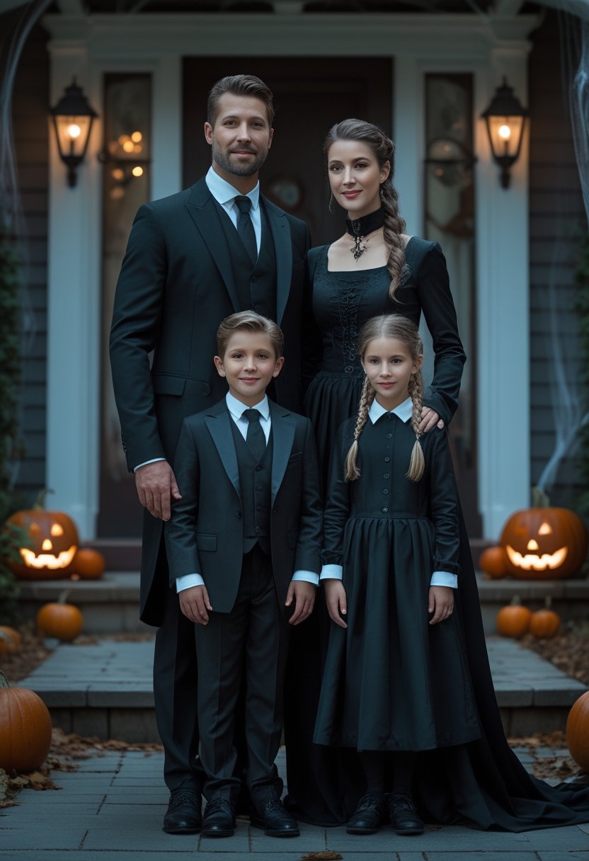 A family of four poses together in coordinated gothic Halloween costumes in a decorated home.