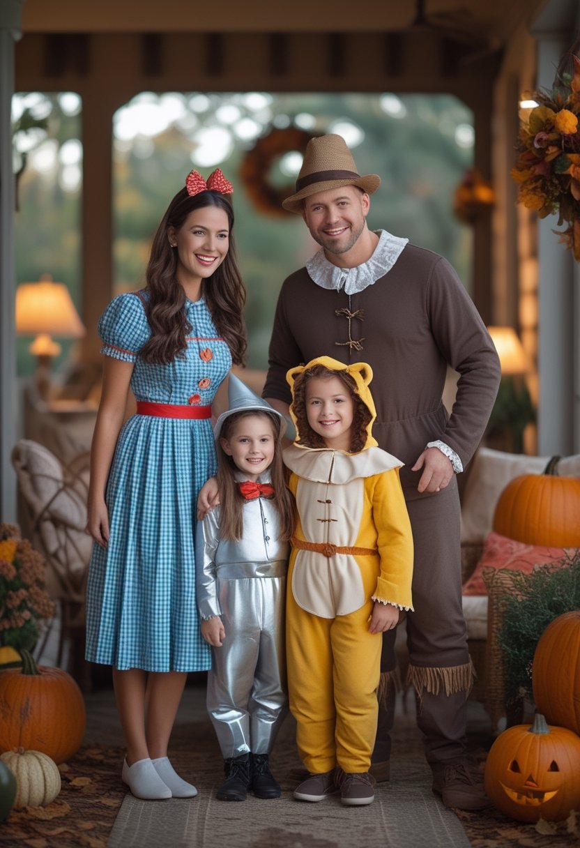 A family poses together in coordinated Wizard of Oz-inspired Halloween costumes.
