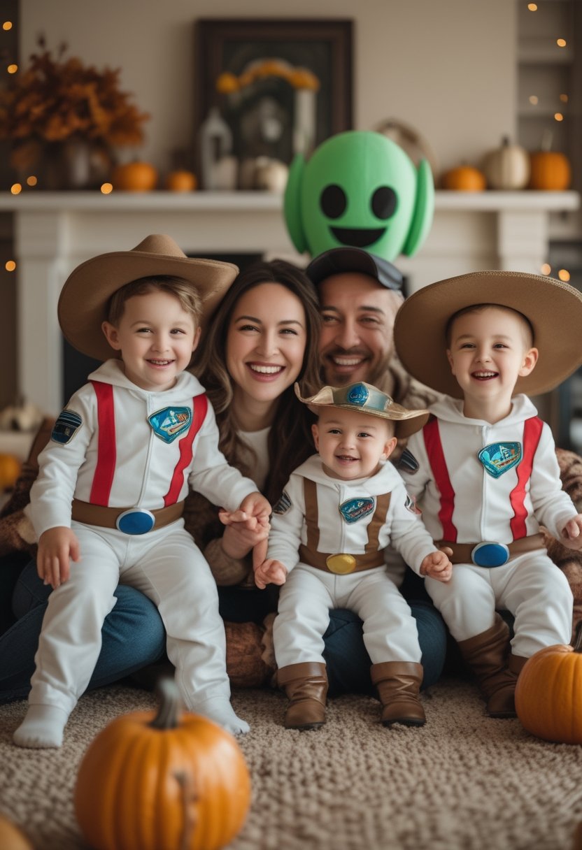 A smiling family gathers indoors in playful cowboy, astronaut, cowgirl, and alien Halloween costumes.
