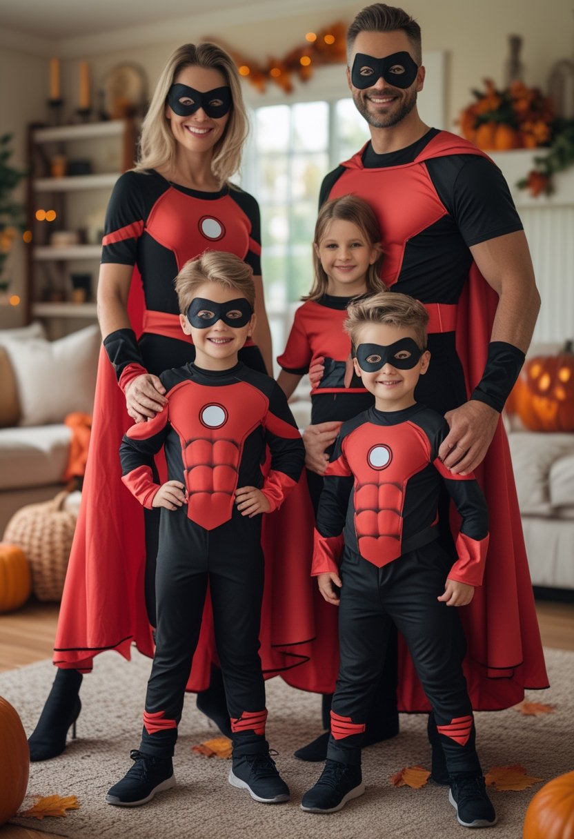 A family of four in coordinated superhero Halloween costumes poses together in a warmly decorated living room.