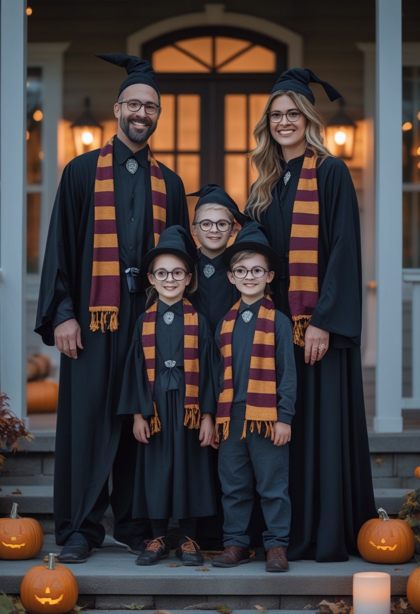 A family in coordinated wizard costumes gathers on a decorated porch for Halloween.