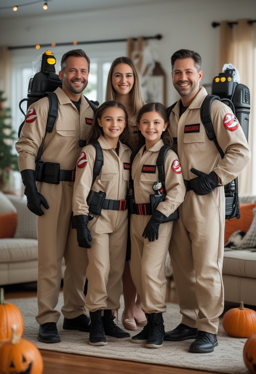 A family of four in coordinated ghost-hunting Halloween costumes poses together in a decorated living room.