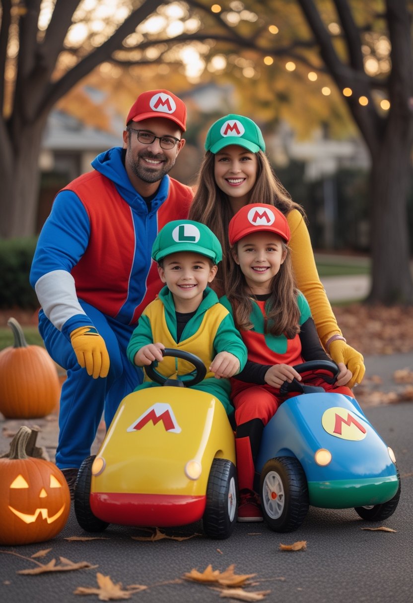 A family in colorful racing-themed Halloween costumes poses outdoors among pumpkins and autumn decorations.