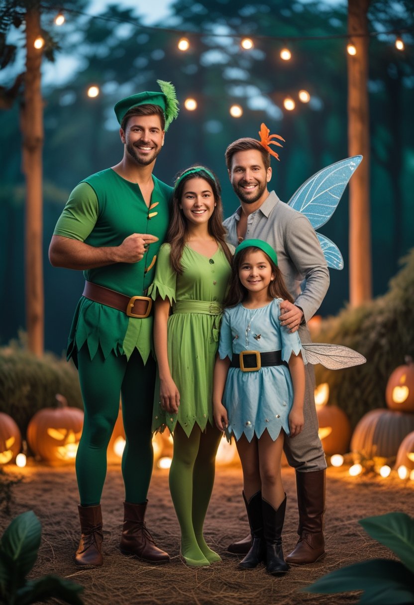 A smiling family poses together in coordinated Peter Pan and Neverland-inspired Halloween costumes in an enchanted forest setting.