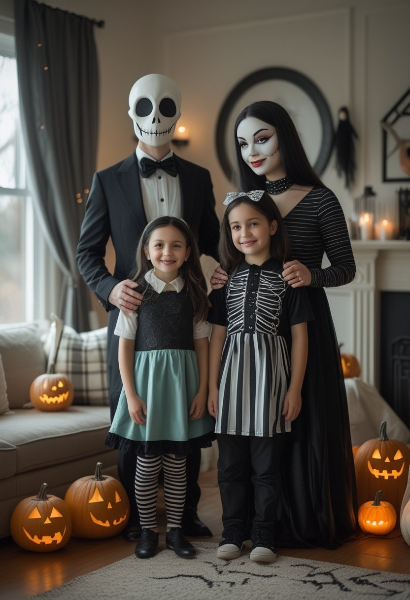 A family of four poses together in coordinated spooky Halloween costumes in a warmly decorated living room.