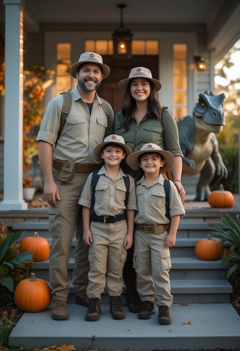 A family in dinosaur-themed Halloween costumes poses together on a decorated front porch.