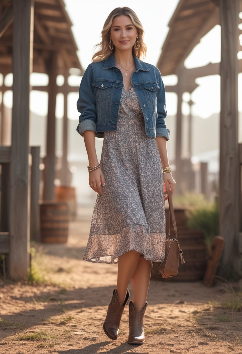 A woman wearing a floral midi dress, cropped denim jacket, and ankle boots at an outdoor concert.