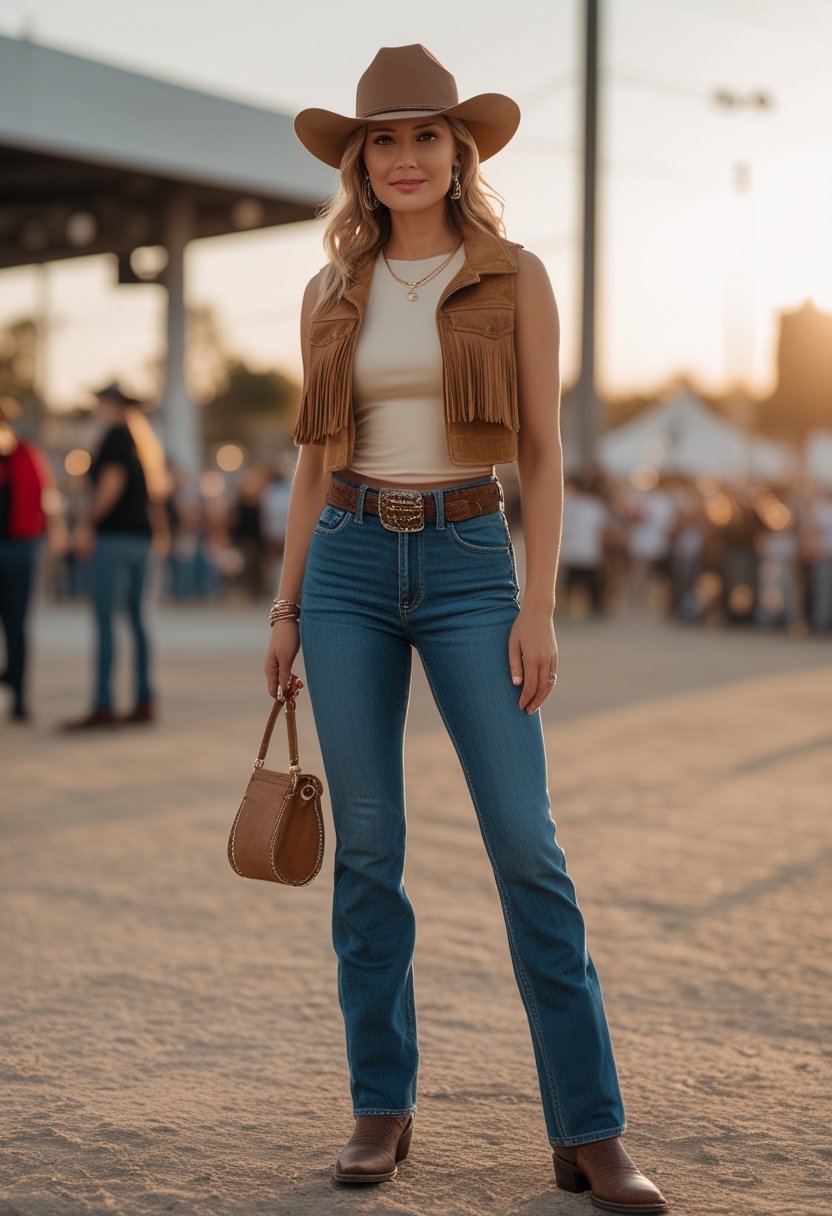 A woman wearing high-waisted jeans, a fringed vest, and Western boots at an outdoor concert.