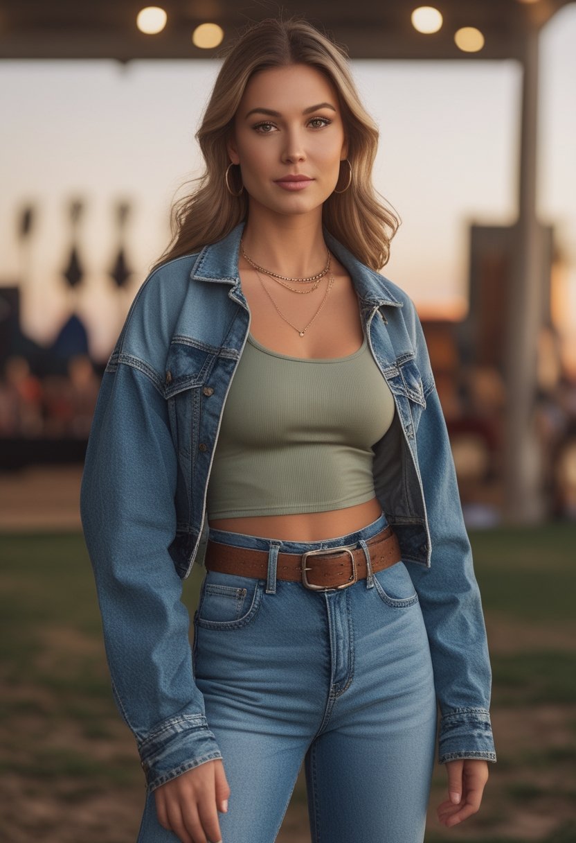 A woman wearing a denim jacket, fitted tank top, jeans, and boots at an outdoor concert.