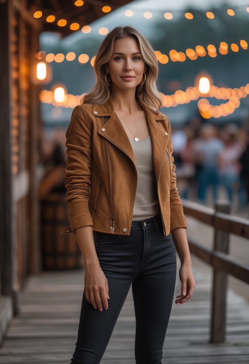 A person wearing a tan suede jacket, black jeans, and black pointed-toe boots at an outdoor concert.