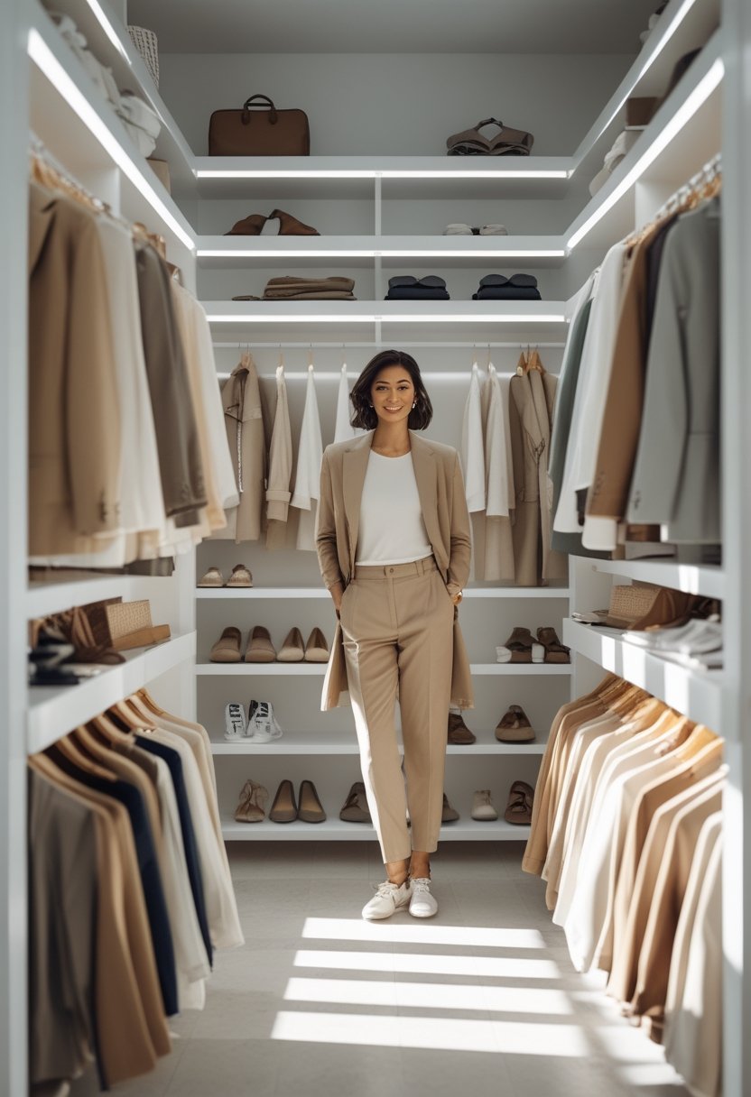 A person in a modern closet wears a coordinated outfit beside a small selection of neatly arranged clothing and accessories.