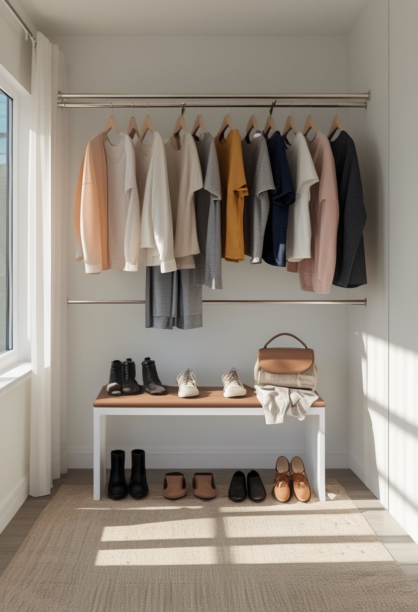 A person selects versatile clothing from a small curated wardrobe in a bright bedroom.