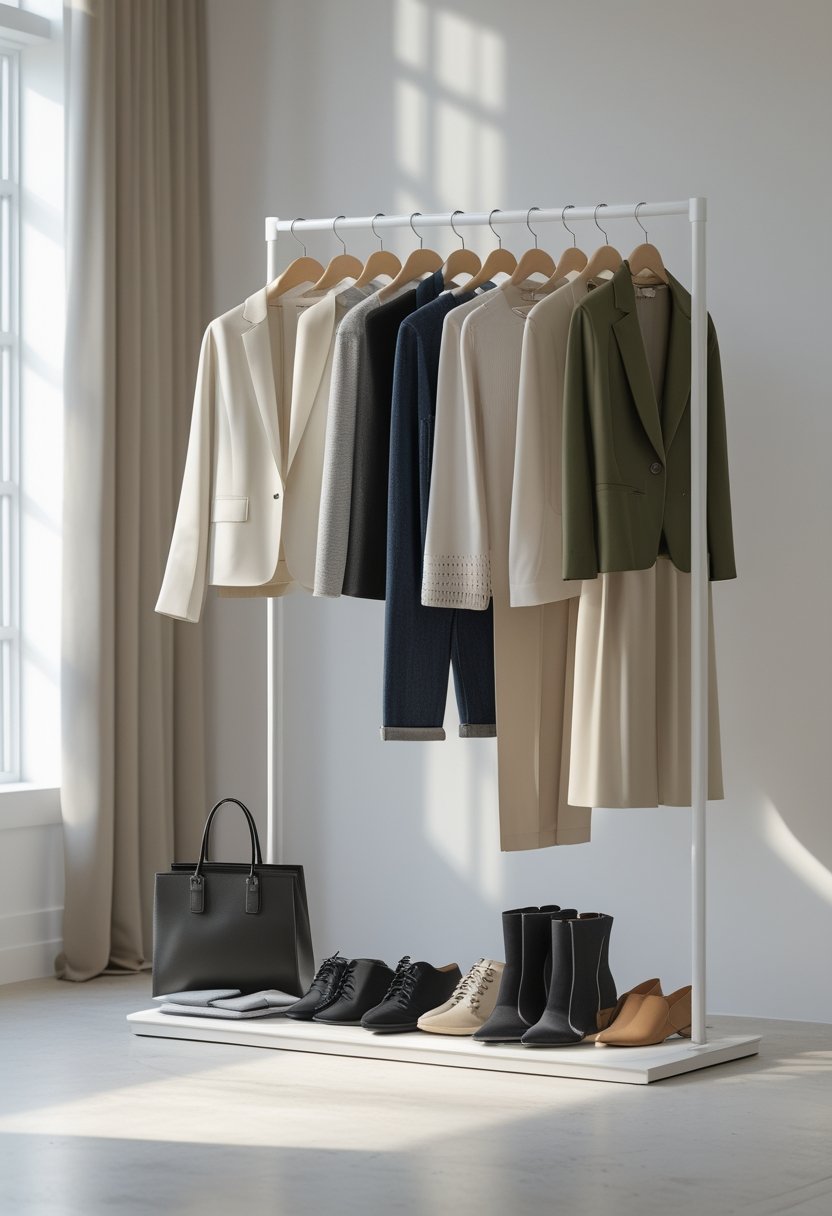A curated selection of nine versatile clothing pieces arranged neatly in a bright minimalist wardrobe.