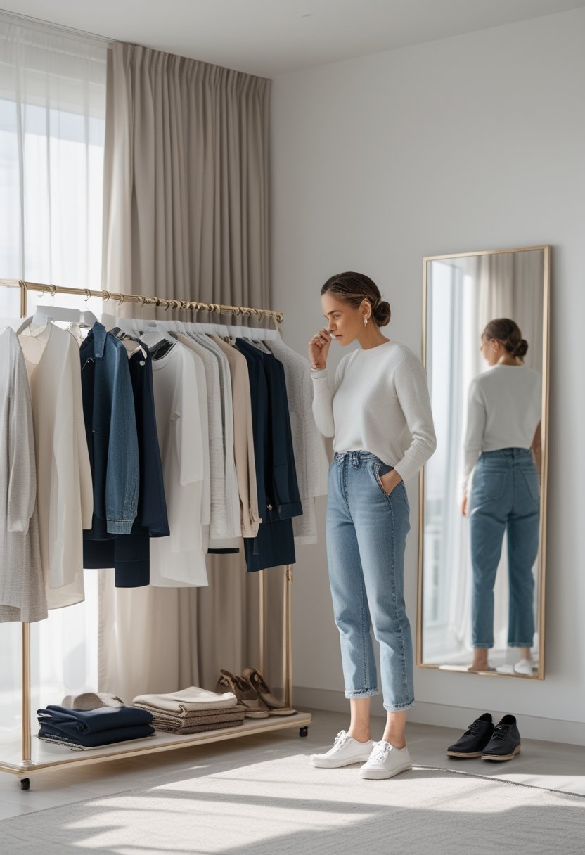 A person compares coordinated outfits beside a neatly organized clothing rack and wardrobe.