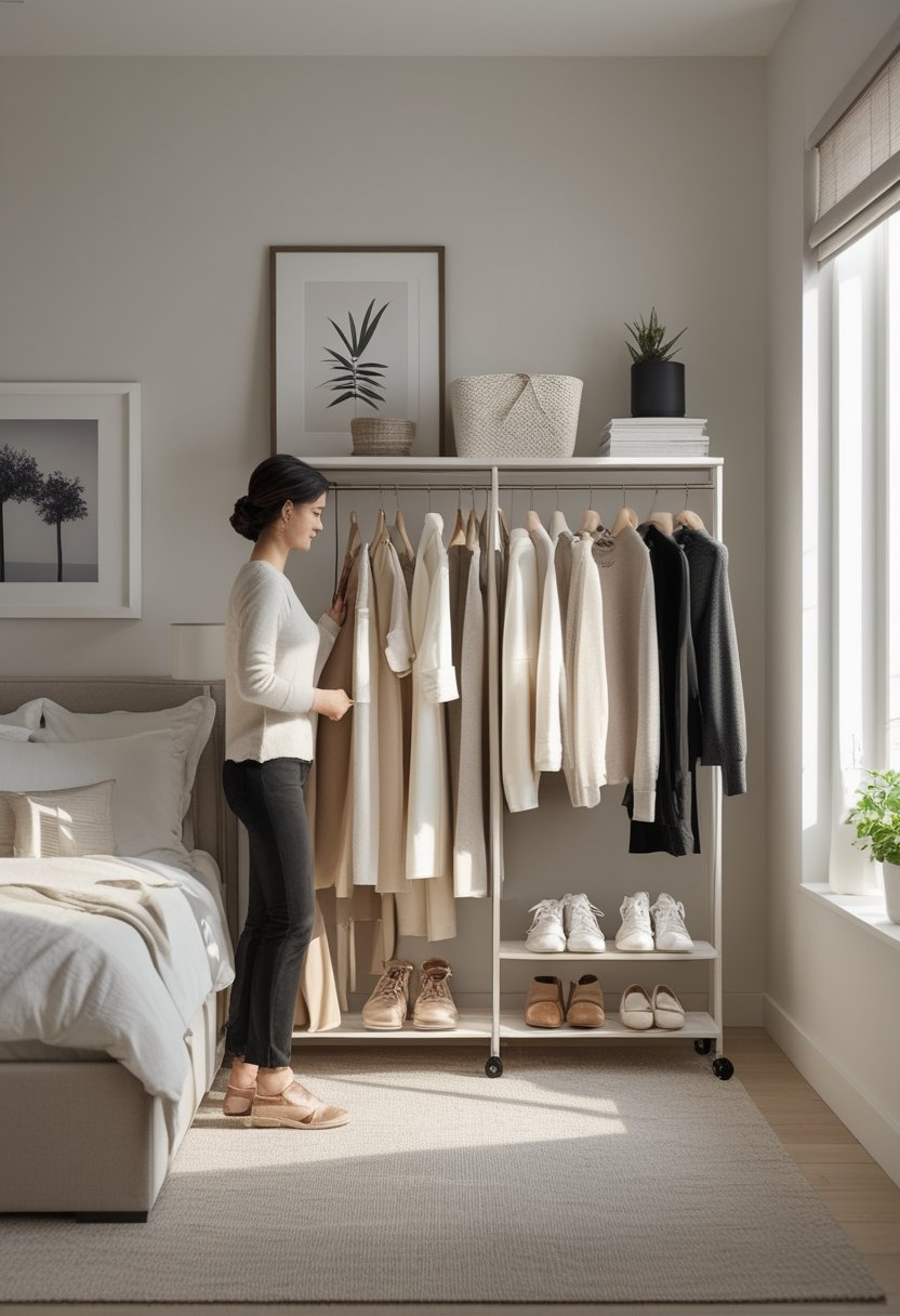 A person selecting an outfit from a neatly organized rack of versatile clothing in a minimalist bedroom.
