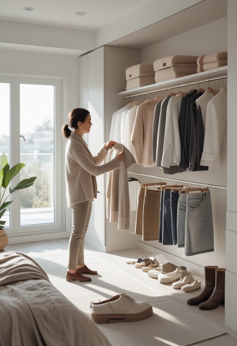 A person selects versatile clothing from a small, organized capsule wardrobe.