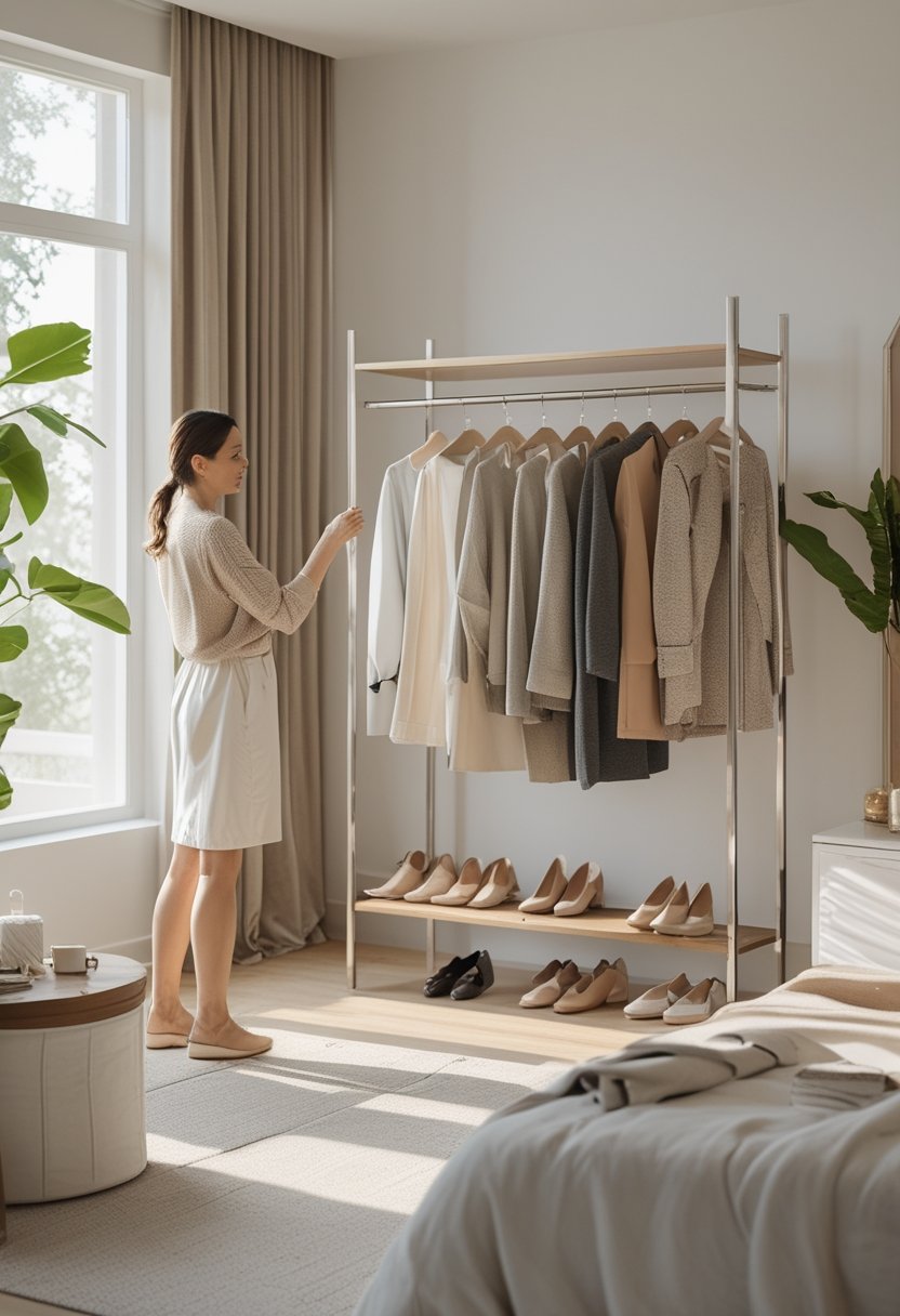 A person chooses clothing from a neatly organized minimalist wardrobe.
