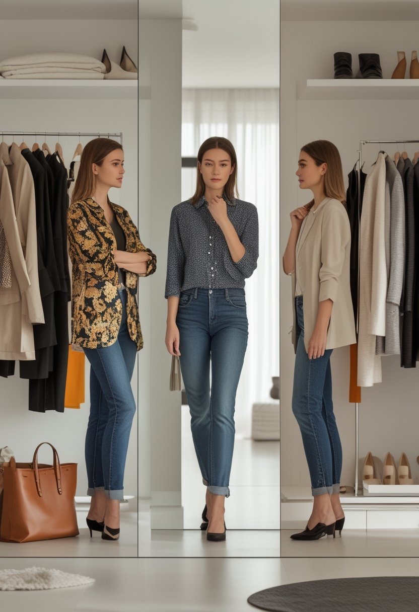 A woman compares two outfit options in a bright dressing room.