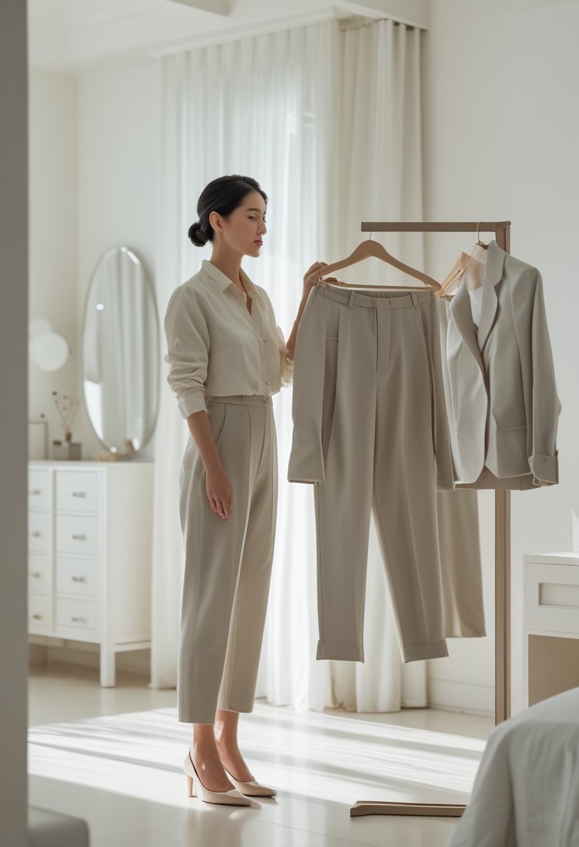A woman looks at her reflection while wearing loose, poorly fitting clothes.