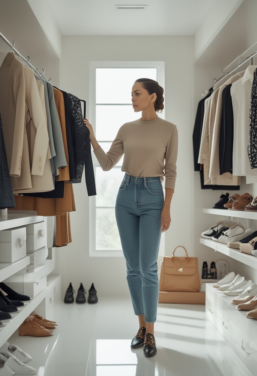 A woman compares clothing in a bright walk-in wardrobe.