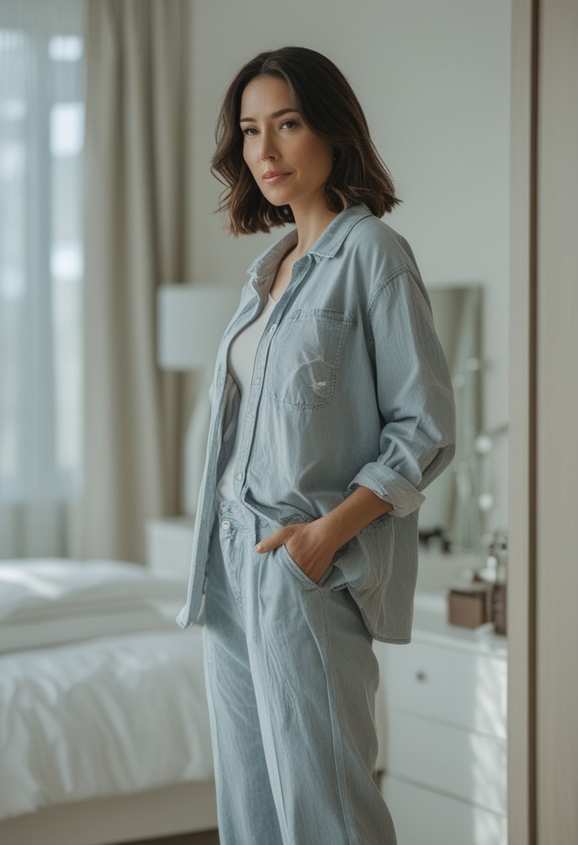 A woman stands in a bright bedroom wearing visibly wrinkled clothing.