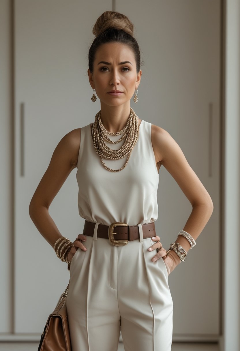 A woman wearing an outfit with many overlapping accessories stands in a dressing room.