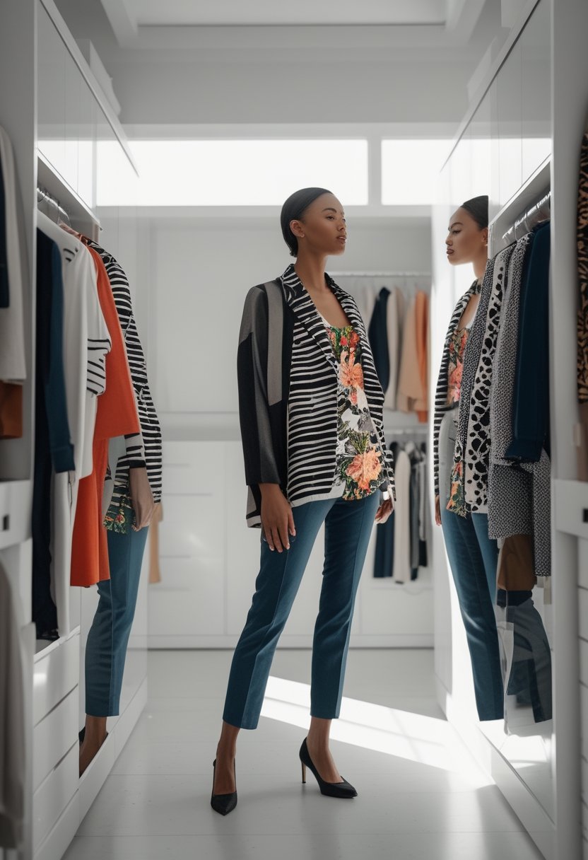 A woman examines an outfit with several contrasting patterns in a full-length mirror.