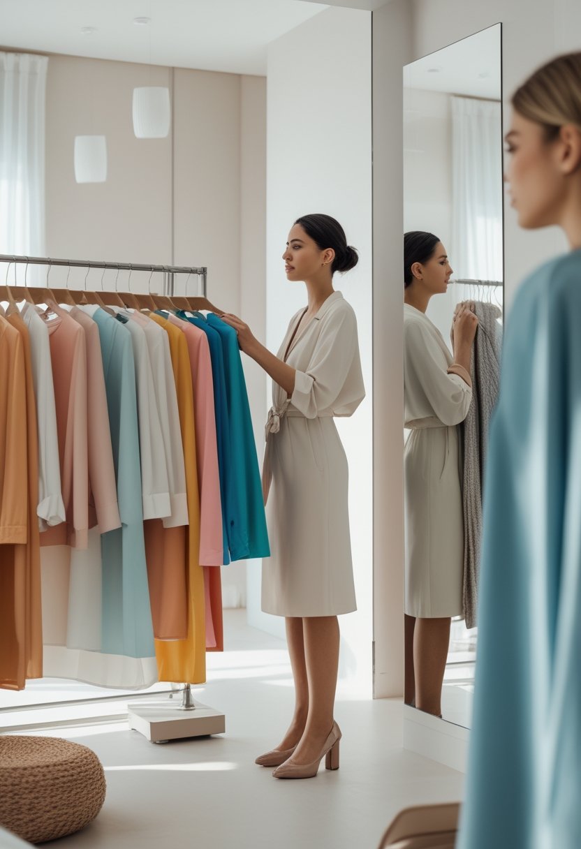 A woman compares colorful clothing near her face in a bright boutique.
