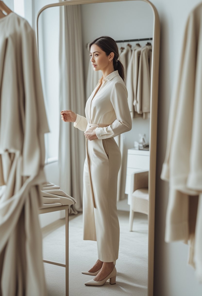 Woman examining the fit of her outfit in a full-length mirror.