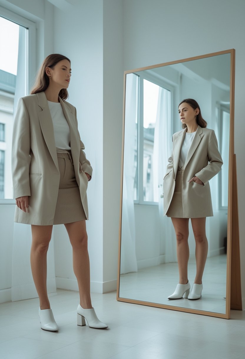 A woman examines an unbalanced outfit in a full-length mirror.