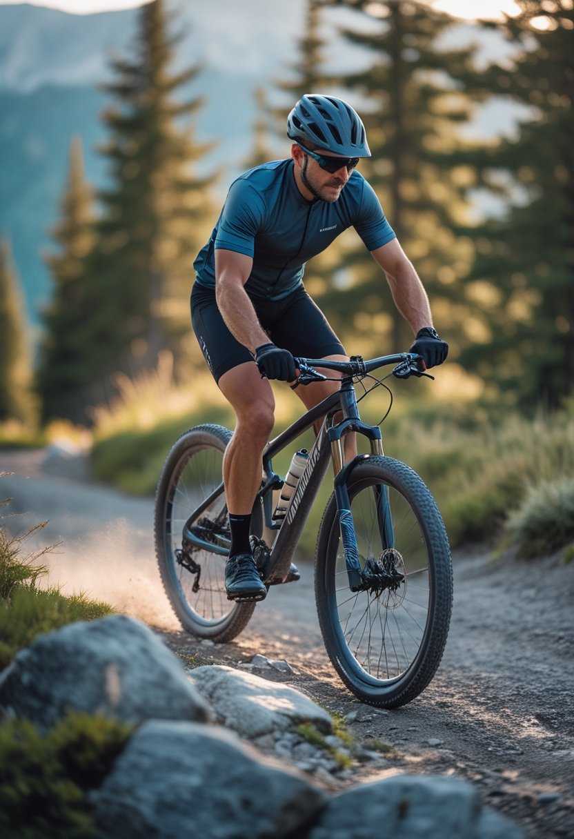 Mountain biker wearing a moisture-wicking jersey riding on a forested mountain trail.
