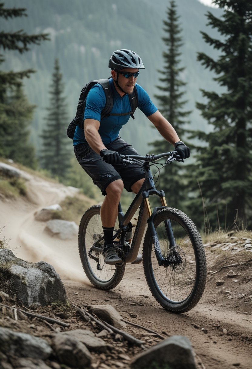 Mountain biker wearing durable shorts riding on a rugged forest trail.