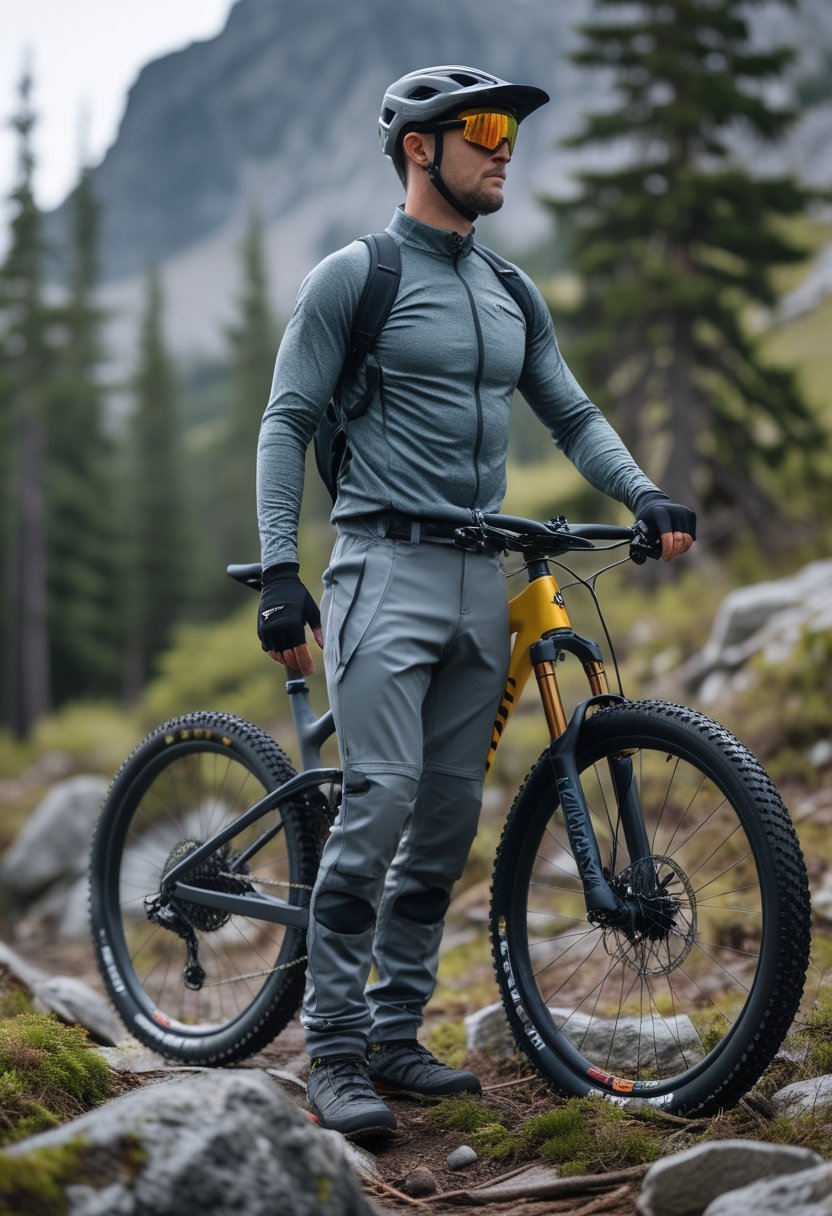 Mountain biker wearing trail pants stands beside a mountain bike on a rocky forest trail.