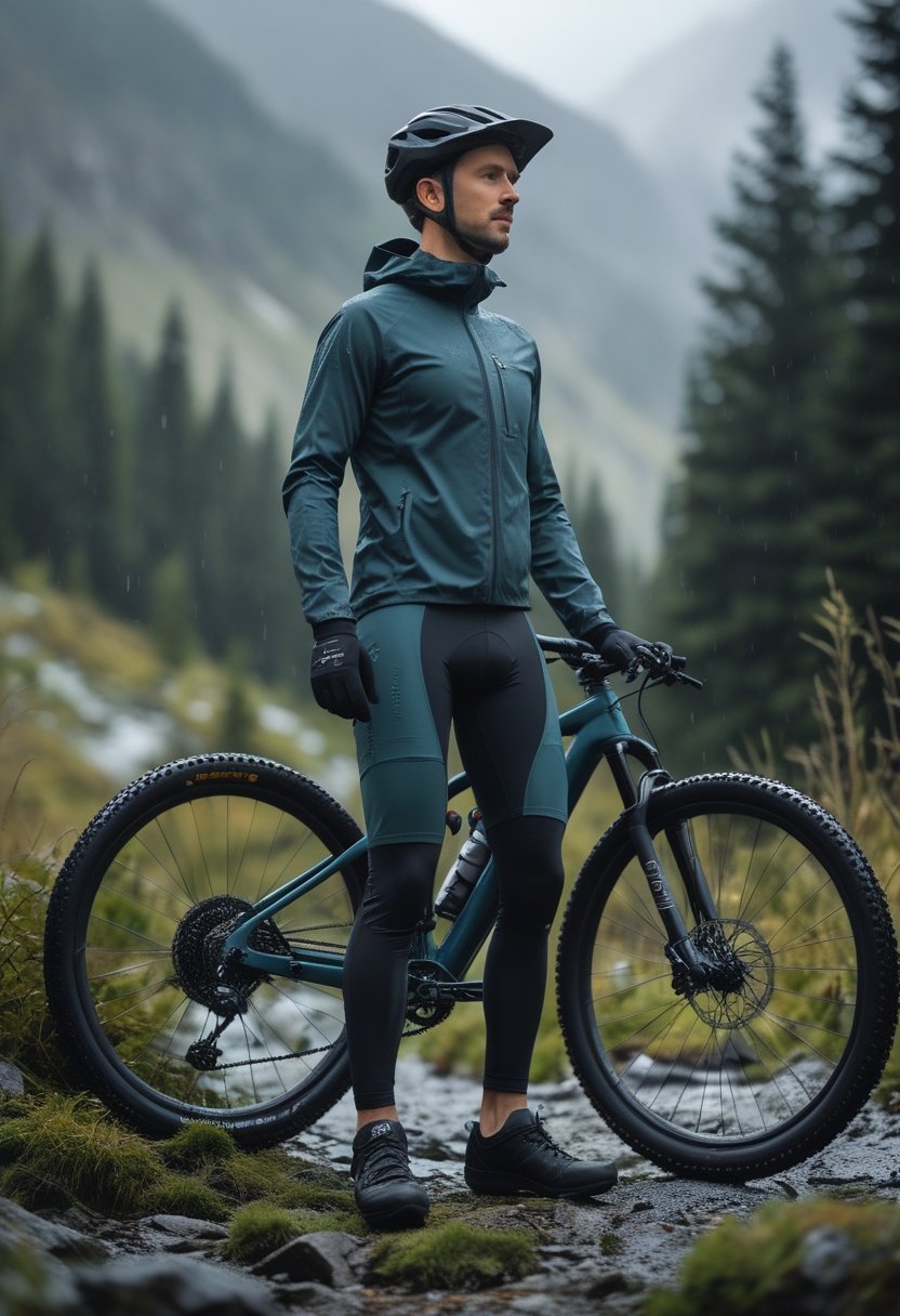 Mountain biker wearing a lightweight waterproof shell beside a bicycle on a wet forest trail.