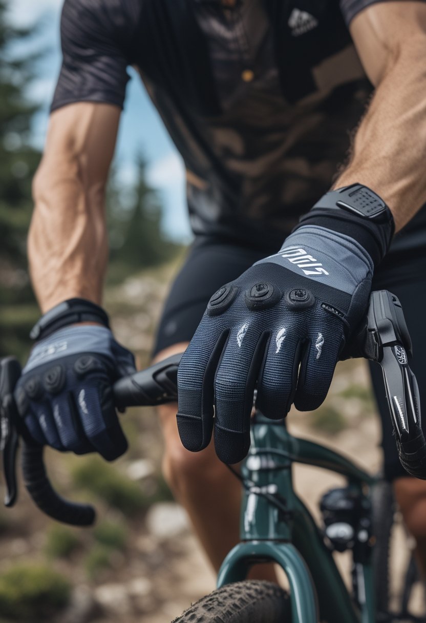 Mountain biker wearing full-finger cycling gloves while gripping a bike’s handlebars on a forest trail.