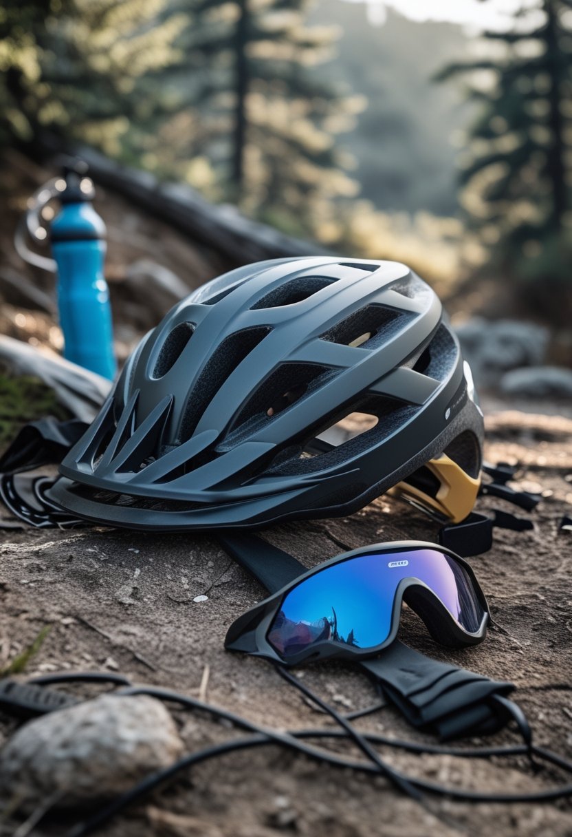 A ventilated mountain bike helmet rests beside a mountain bike and trail gear on a forest path.