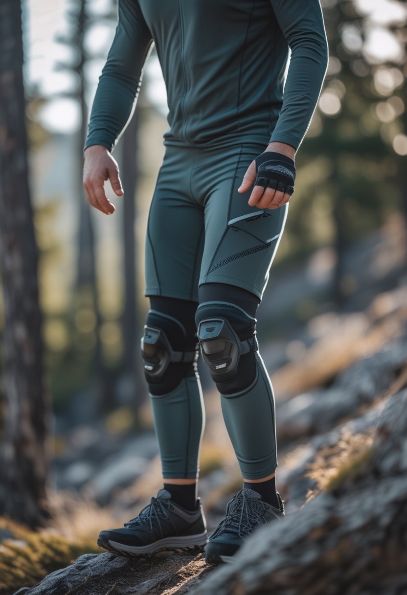 Mountain biker wearing protective knee pads beside a forest trail.