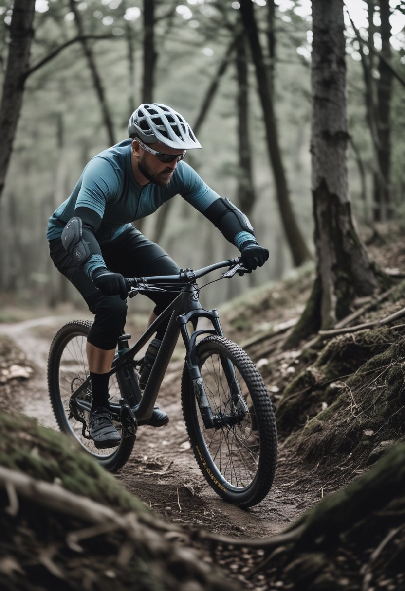 Mountain biker wearing elbow pads rides along a rocky forest trail.