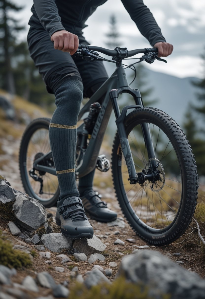 Mountain biker wearing wool riding socks and cycling shoes beside a mountain bike on a forest trail.