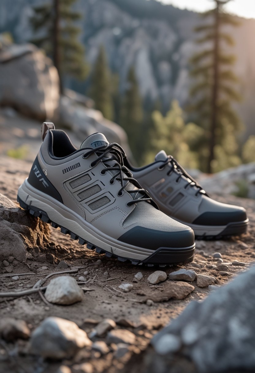 A pair of flat-pedal mountain bike shoes beside a mountain bike on a forest trail.